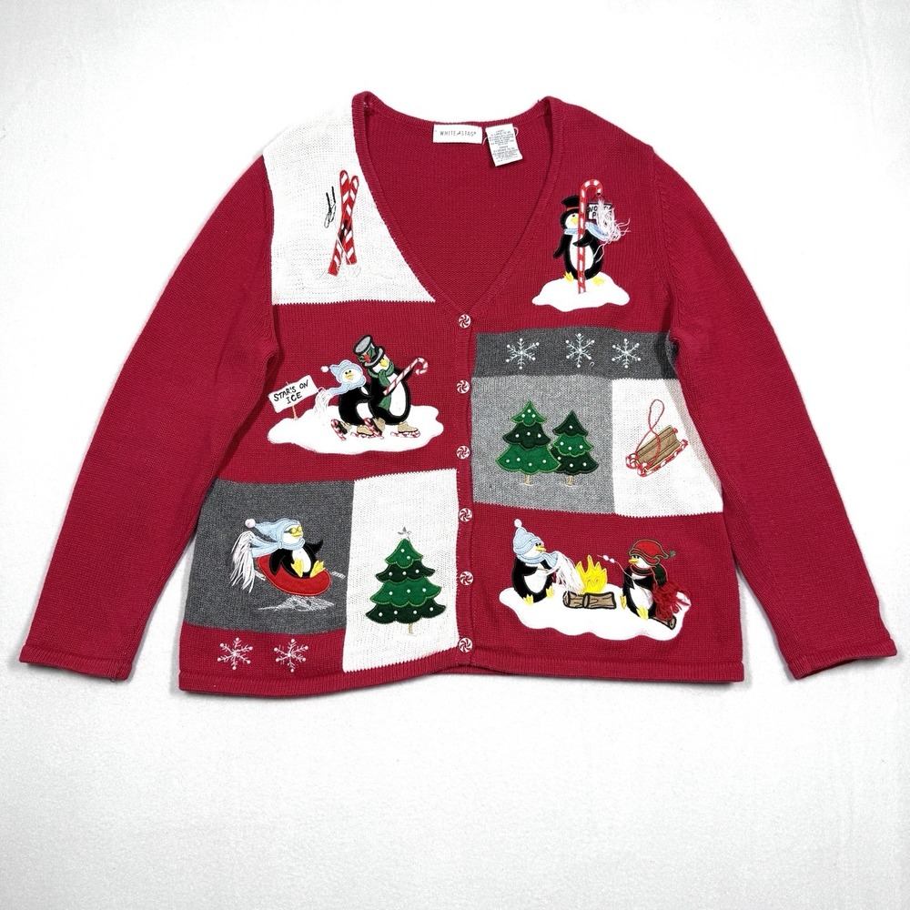 Vintage Christmas Sweater Womens XL Cardigan Patchwork Penguins Winter Snow‎ 90s